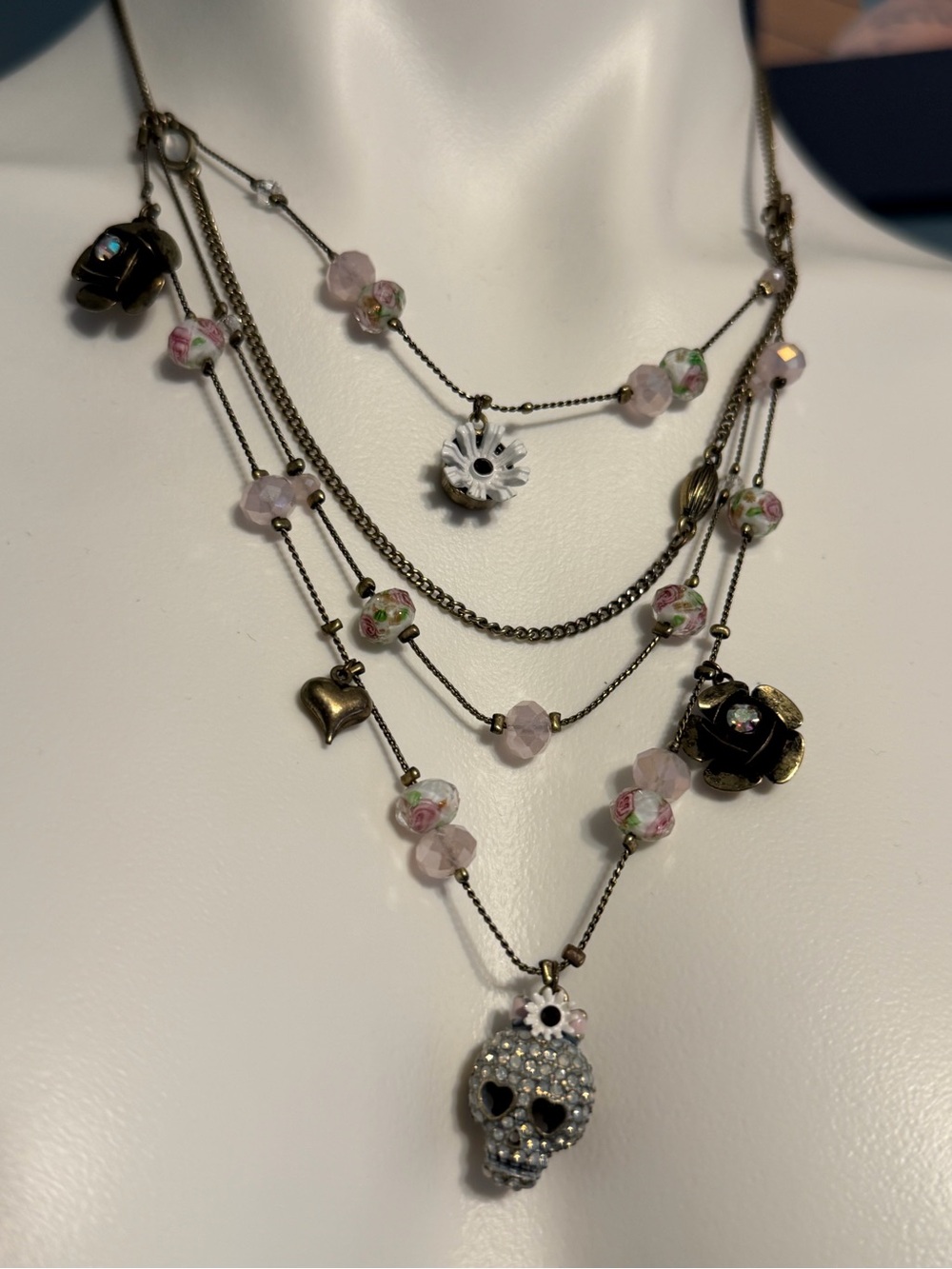 Betsey Johnson Layered Skull & Floral Charm Necklace